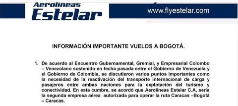 Imagen de la noticia: Estelar canceló el vuelo de este 4 de enero hacia Colombia y reembolsará los boletos emitidos. (comunicado)