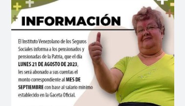 Imagen de la noticia: IVSS: Este 21 de agosto pagará la pensión correspondiente al mes de septiembre de 2023