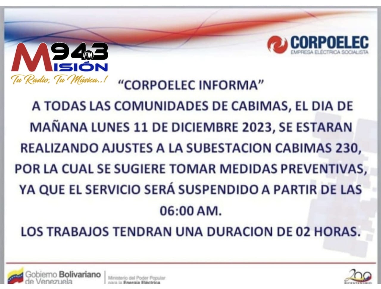 Imagen de la noticia: Municipio Cabimas: Corpoelec anuncia corte programado para este lunes 11 de diciembre